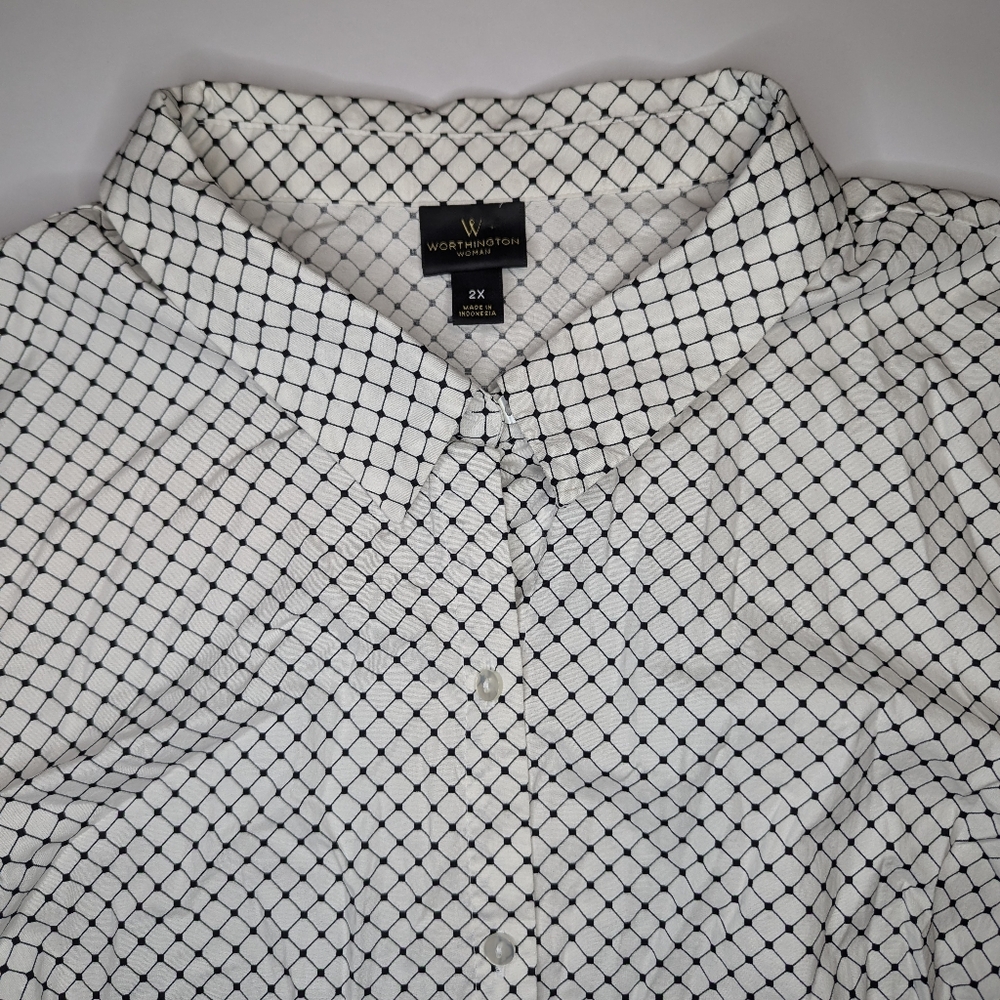 Worthington Womens Long Sleeve Button Down Shirt Blk/Wht Stretch Blouse Sz:2XL